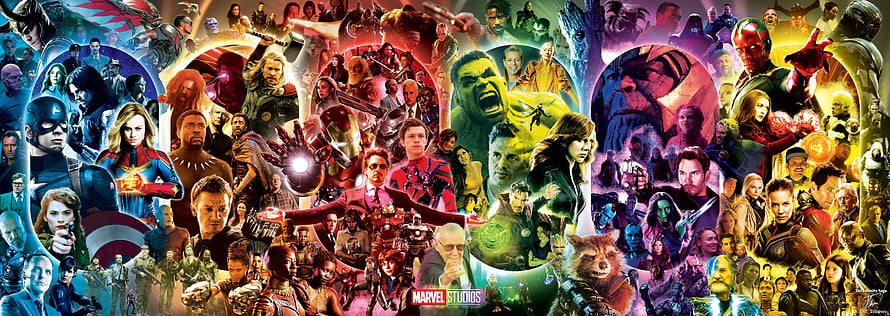 Marvel Cinematic Universe Character Collage Poster Featuring Iron Man, Thor, Hulk, and Captain America HD wallpaper