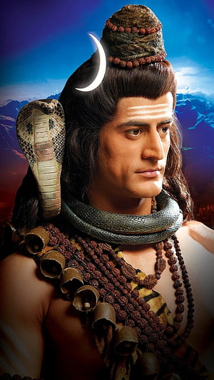 Lord Shiva Portrait With Cobra, Rudraksha Beads, And Crescent Moon Against Himalayan Sky HD phone wallpaper
