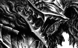 Berserk Manga Black and White Illustration of a Fiendish Demon with Jagged Armor and Flowing Hair HD wallpaper