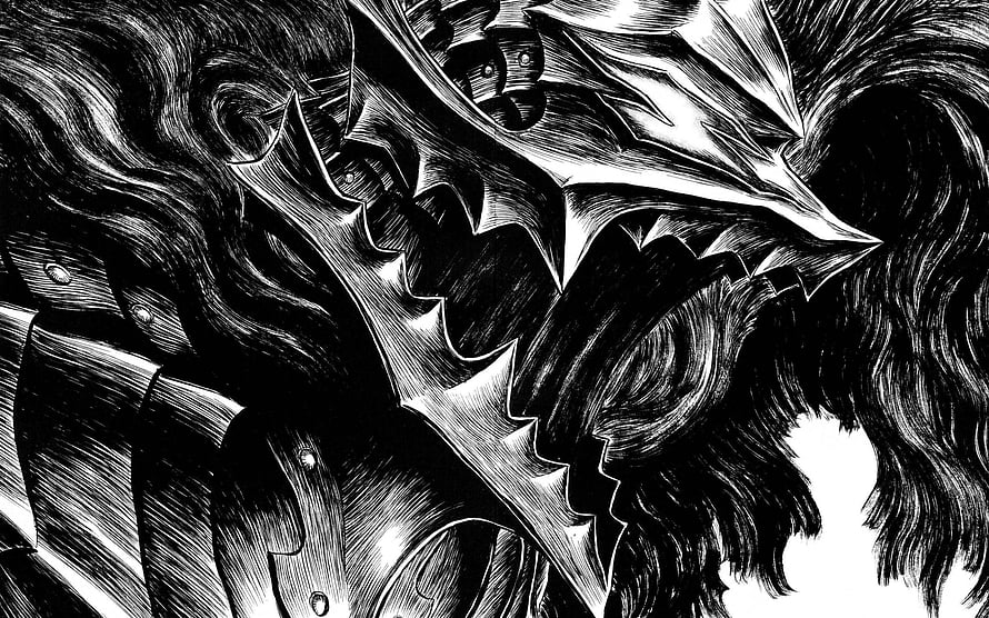 Berserk Manga Black and White Illustration of a Fiendish Demon with Jagged Armor and Flowing Hair HD wallpaper