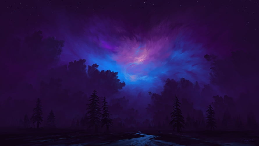 Mystical Aurora Over Dark Forest Road at Night HD wallpaper