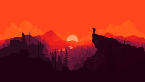 Minimalist Hiker Silhouette on Cliff Edge at Vibrant Orange Sunset HD wallpaper