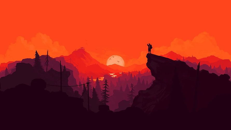 Minimalist Hiker Silhouette on Cliff Edge at Vibrant Orange Sunset HD wallpaper