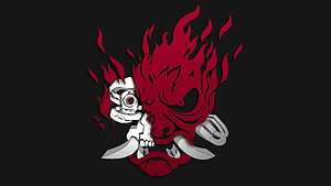 Cyberpunk 2077 Samurai Demon Cyborg Skull Logo with Red Flames on Black Background HD wallpaper