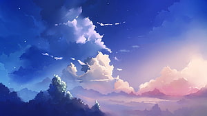 Dreamy Anime Sky with Soft Clouds and Twilight Hues Over a Misty Landscape HD wallpaper