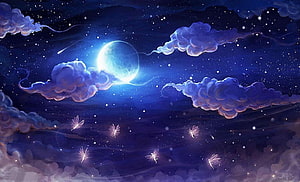Dreamy Night Sky with Glowing Moon, Swirling Clouds, and Fireflies in a Fantasy Landscape HD wallpaper