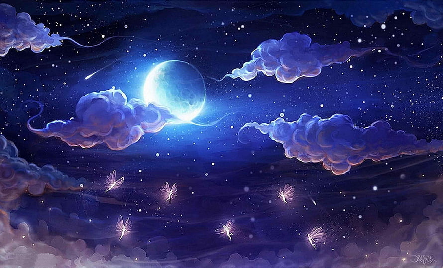 Dreamy Night Sky with Glowing Moon, Swirling Clouds, and Fireflies in a Fantasy Landscape HD wallpaper