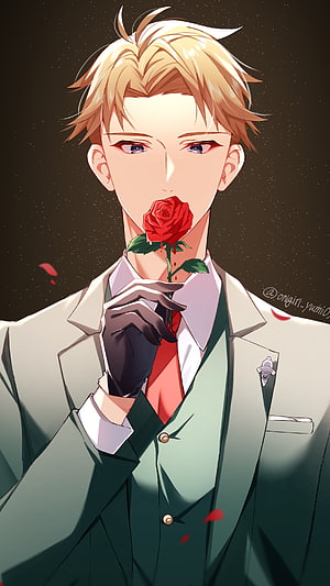 Loid Forger from Spy x Family holding a red rose in a formal suit HD phone wallpaper
