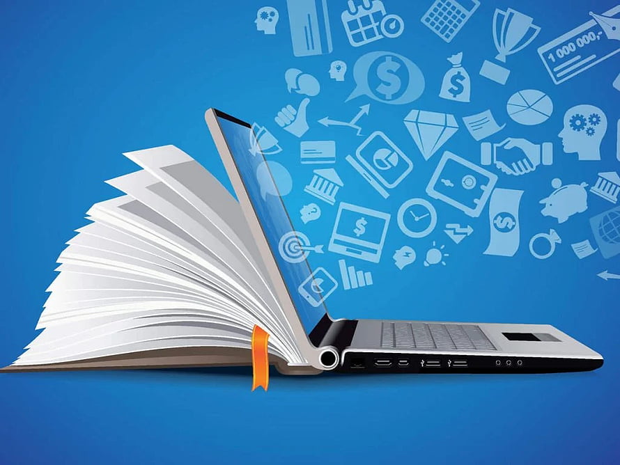 Laptop Morphing Into Open Book With Digital Business Icons On Blue Background HD wallpaper