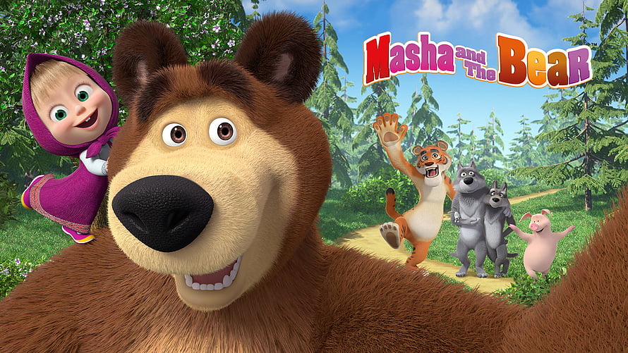 Masha and the Bear Animated Forest Scene with Tiger, Wolves, and Piglet Characters HD wallpaper