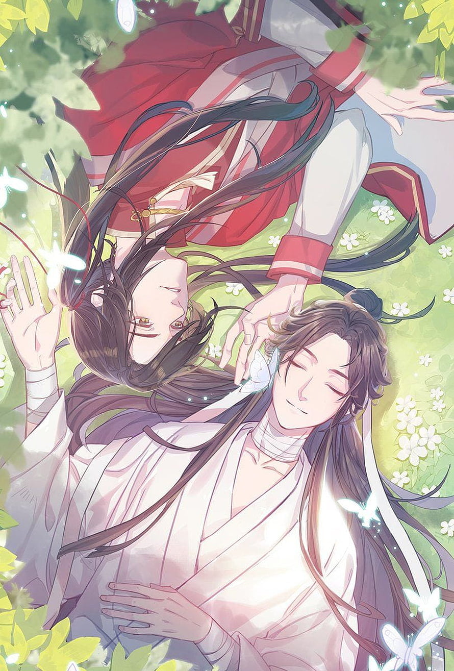 Heaven Official's Blessing: Two Characters Resting in a Blossoming Garden with Glowing Butterflies HD phone wallpaper