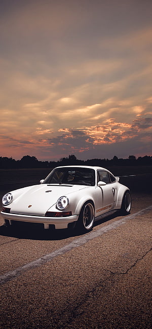 White Porsche 911 Classic Coupe Parked on Asphalt at Sunset HD phone wallpaper