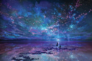 Two Silhouetted Figures Gazing at a Vibrant Cosmic Nebula Over a Reflective Ocean HD wallpaper