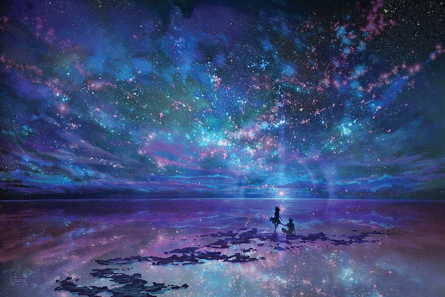 Two Silhouetted Figures Gazing at a Vibrant Cosmic Nebula Over a Reflective Ocean HD wallpaper