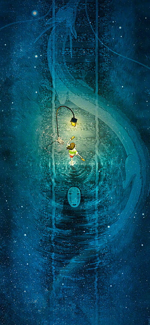 Spirited Away Night Scene with No-Face and Lantern in Deep Blue Water HD phone wallpaper