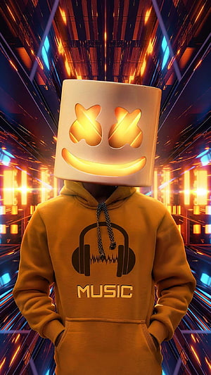 Marshmello in a yellow hoodie with a glowing mask against a futuristic neon tunnel backdrop HD phone wallpaper