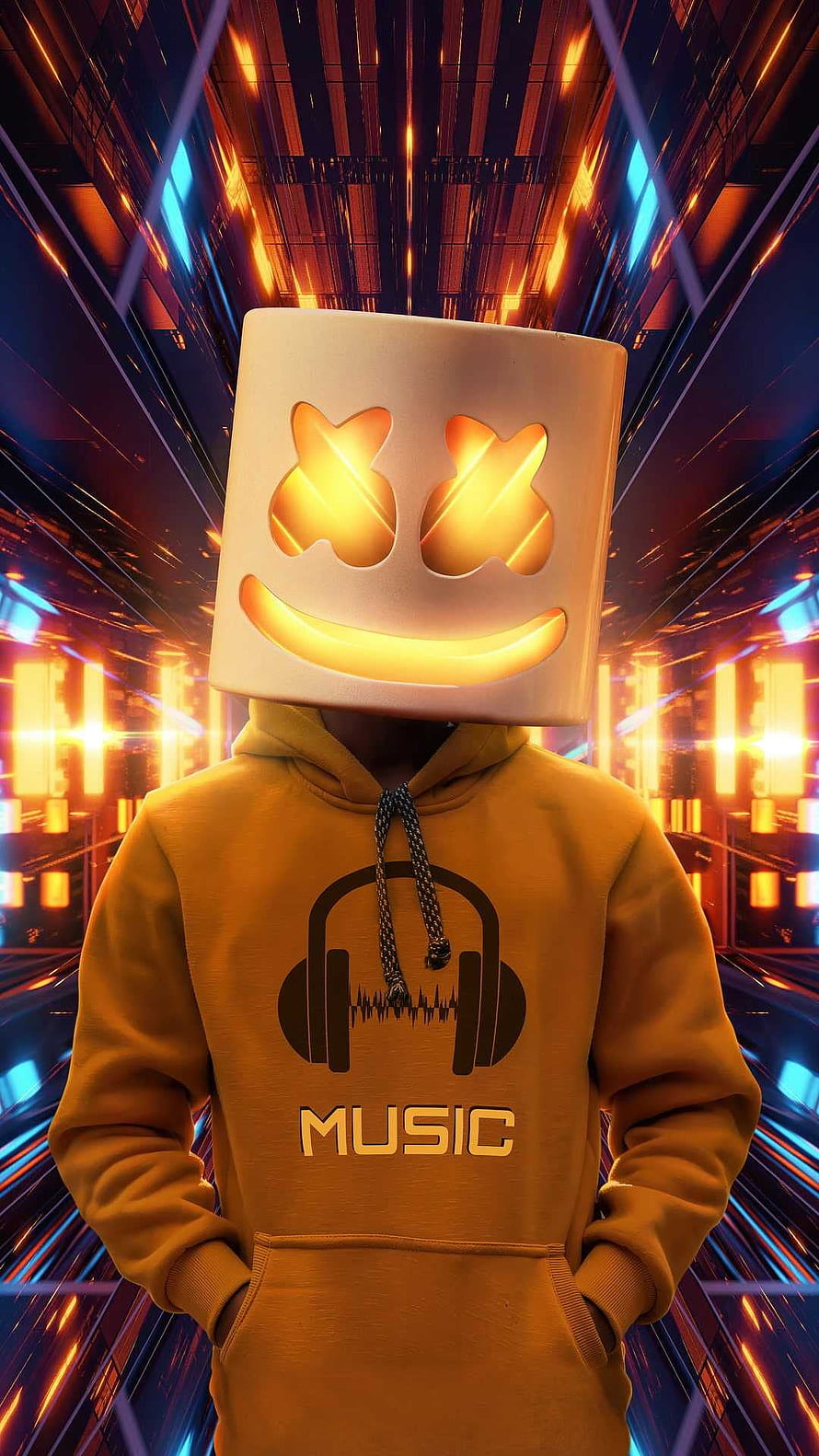 Marshmello in a yellow hoodie with a glowing mask against a futuristic neon tunnel backdrop HD phone wallpaper