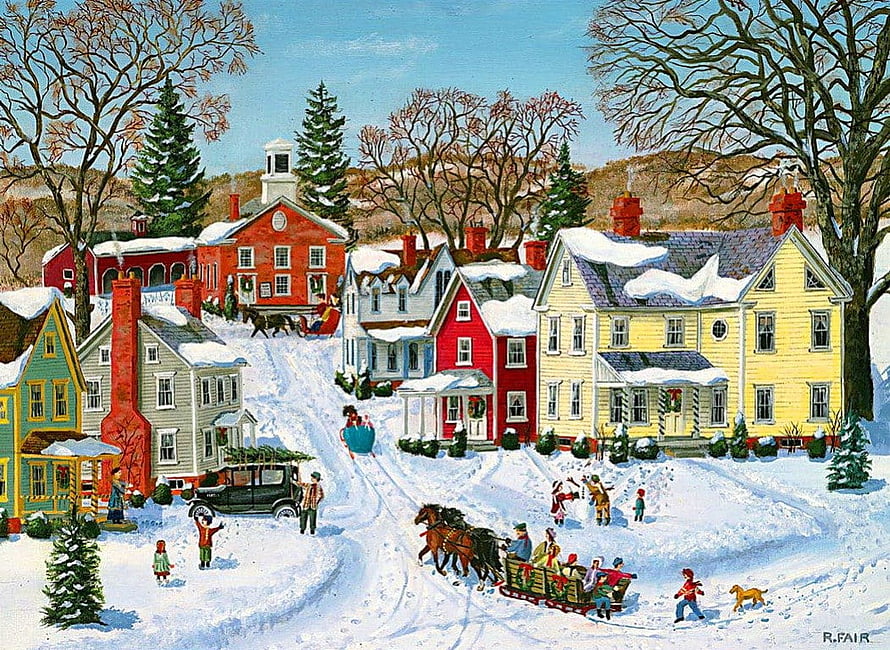 R. Fair Christmas Village Painting with Horse-Drawn Sleigh and Snowy Street HD wallpaper