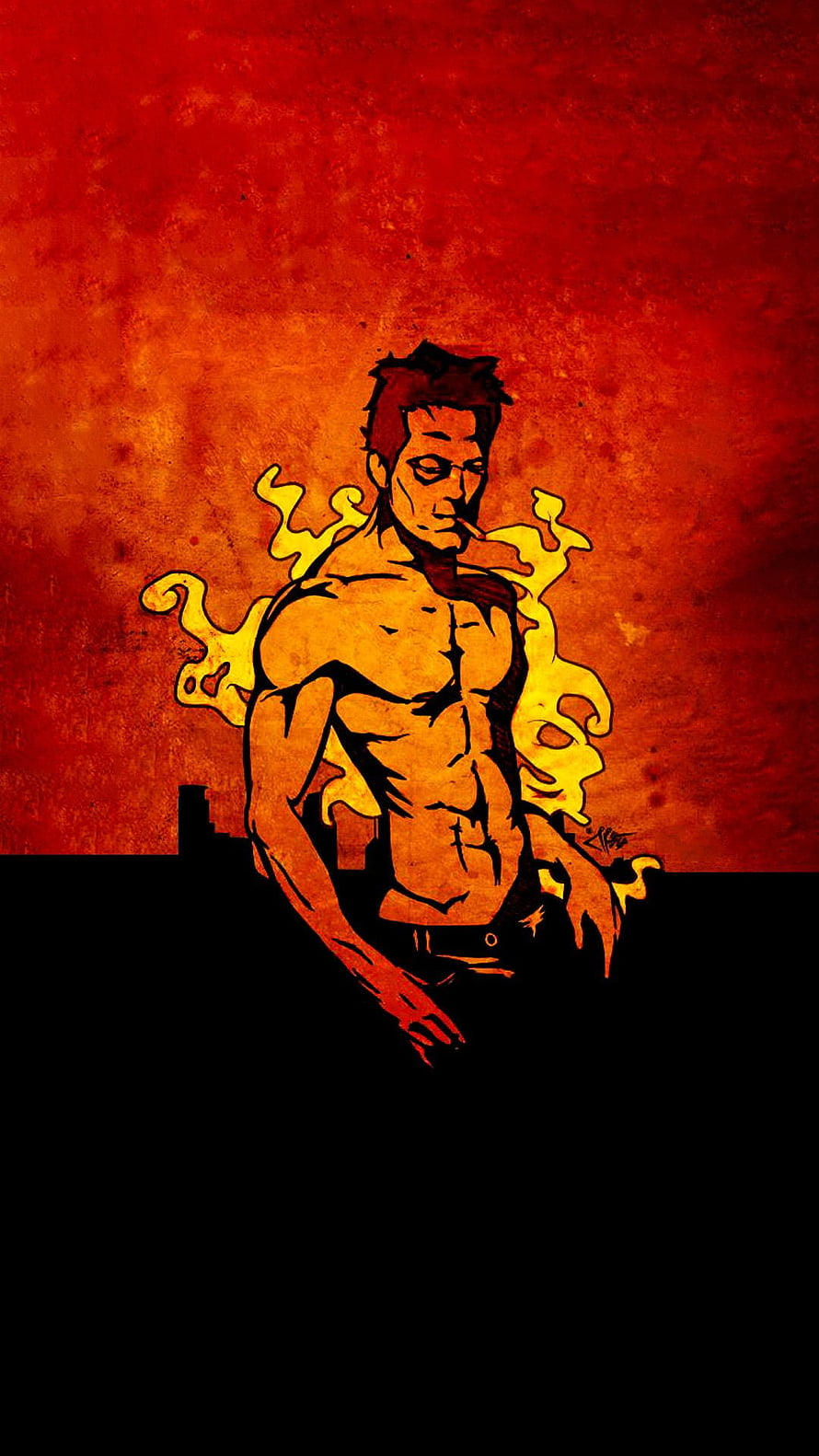 Tyler Durden from Fight Club in a fiery red and orange comic illustration HD phone wallpaper