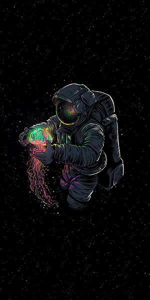 Astronaut holding a glowing jellyfish in deep space with neon accents HD phone wallpaper