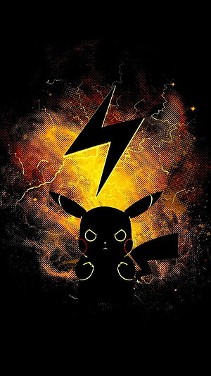 Pikachu Silhouette with Lightning Bolt Against Fiery Orange and Black Background HD phone wallpaper