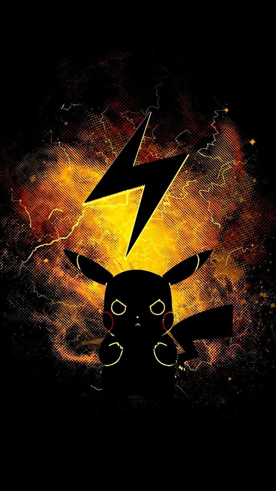 Pikachu Silhouette with Lightning Bolt Against Fiery Orange and Black Background HD phone wallpaper