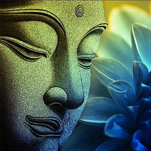 Serene Buddha Face Sculpture with Blue Lotus Flower in Meditative Pose HD phone wallpaper