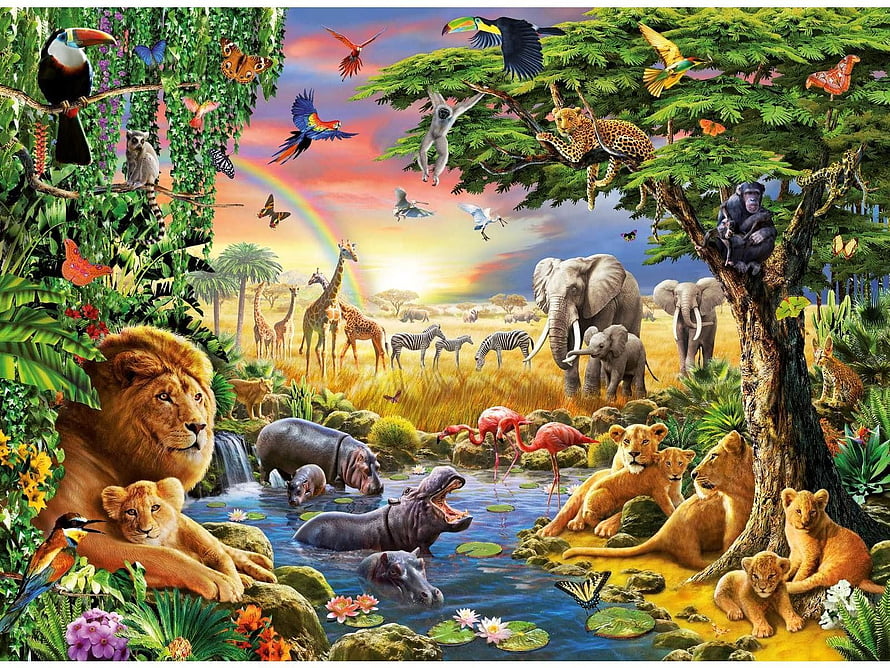 Vibrant Jungle Wildlife Scene Featuring Lions, Elephants, and Hippos in a Lush Rainforest HD wallpaper