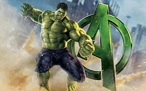 Hulk in a Fierce Fighting Stance with the Avengers Logo Against a Dusty Urban Backdrop HD wallpaper