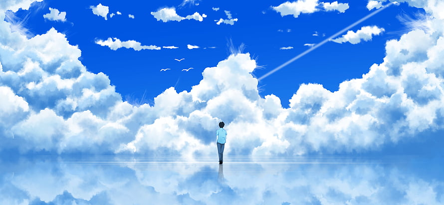Anime Boy Standing Alone in a Serene Cloudscape with Reflective Water Surface HD wallpaper