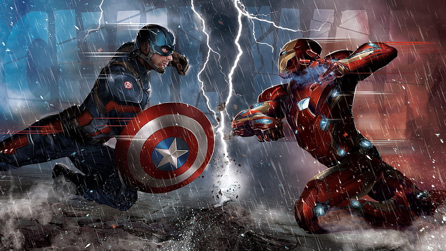 Captain America and Iron Man Clash in a Rainy Battle Scene HD wallpaper
