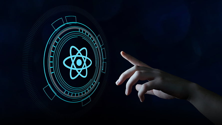 Hand Interacting with Glowing Atomic Symbol on Futuristic Digital Interface HD wallpaper