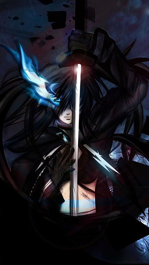 Dark Anime Warrior Holding Glowing Sword with Blue Energy Effect HD phone wallpaper