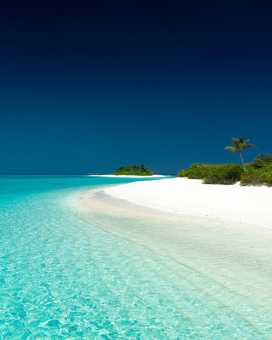 Pristine Tropical Island with Turquoise Lagoon and White Sand Beach HD phone wallpaper