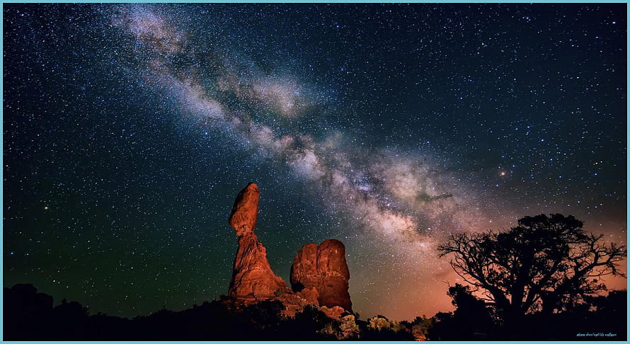 Milky Way Galaxy Arching Over Desert Rock Formations and Acacia Tree Silhouette HD wallpaper