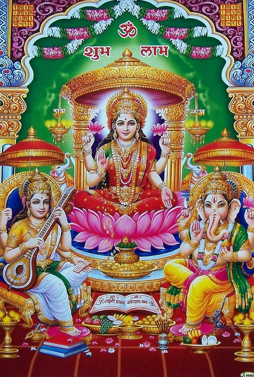 Lakshmi, Ganesha, and Saraswati Deities in Traditional Hindu Temple Art HD phone wallpaper