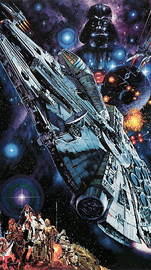 Classic Star Wars Space Battle Poster Featuring Darth Vader and the Millennium Falcon HD phone wallpaper
