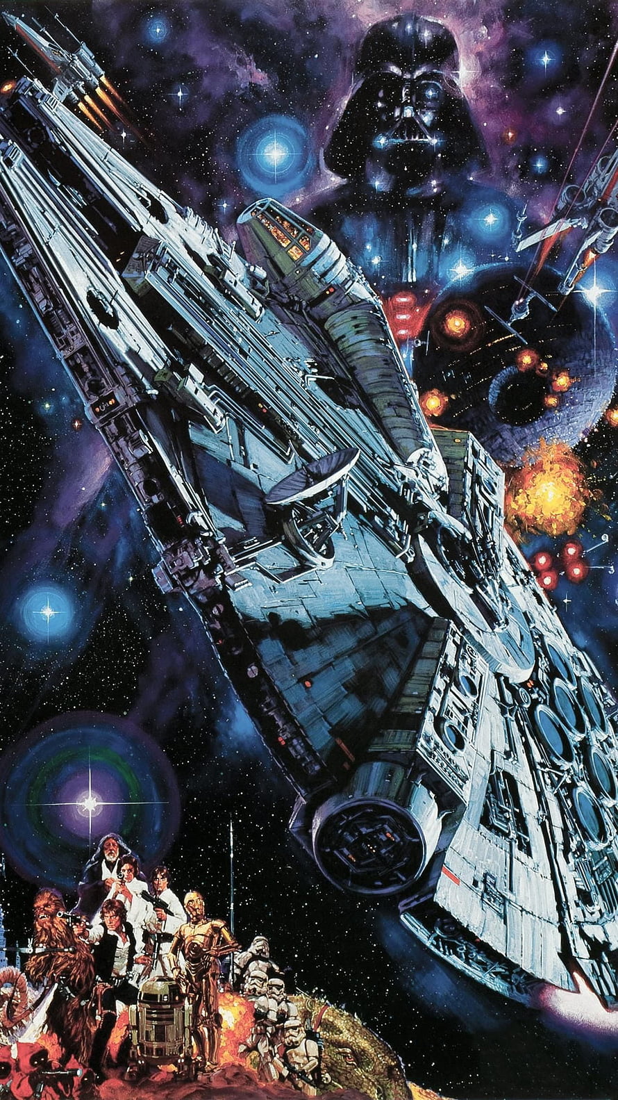 Classic Star Wars Space Battle Poster Featuring Darth Vader and the Millennium Falcon HD phone wallpaper