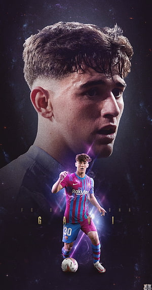 Gavi FC Barcelona Player Portrait with Cosmic Background and Action Shot HD phone wallpaper