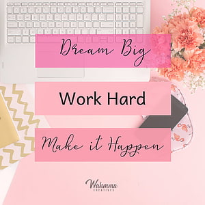 Inspirational Pink Desk Setup With Laptop, Flowers, and Motivational Quote Cards HD phone wallpaper