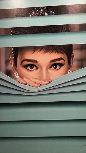 Audrey Hepburn Peeking Through Mint Green Venetian Blinds With Diamond Earrings HD phone wallpaper