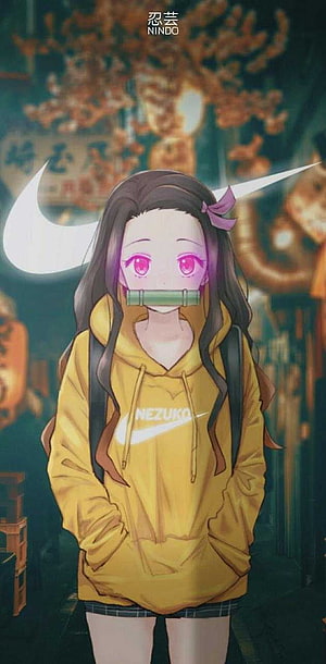 Nezuko Kamado in a Yellow Hoodie with Bamboo Cuff and Pink Eyes HD phone wallpaper