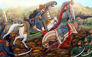 Maharana Pratap on Horseback in Epic Battle Scene with Mughal Cavalry HD wallpaper