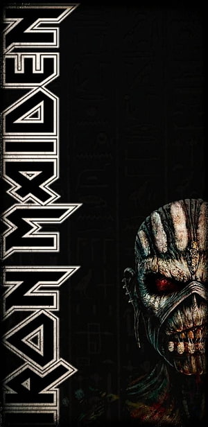 Iron Maiden Eddie Demon Portrait with Vertical Band Logo on Dark Background HD phone wallpaper