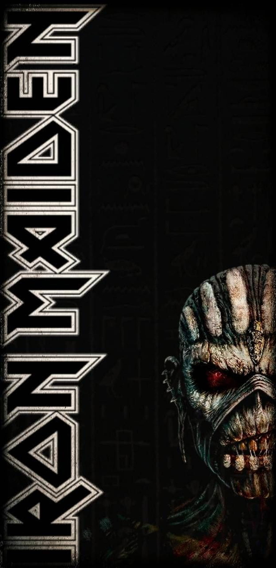 Iron Maiden Eddie Demon Portrait with Vertical Band Logo on Dark Background HD phone wallpaper