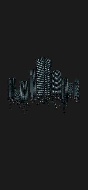 Minimalist Dark City Skyline with Glowing Cyan Windows and Pixelated Base HD phone wallpaper