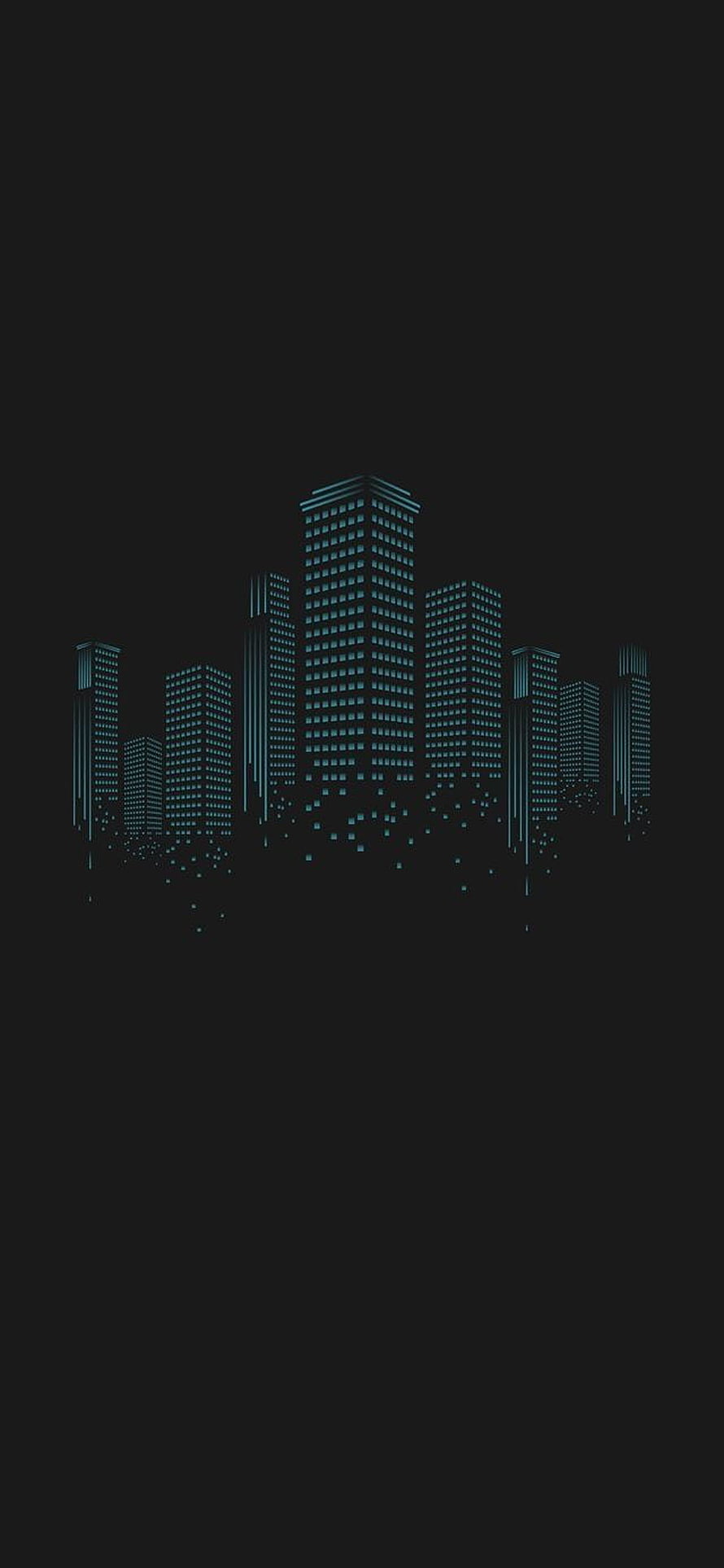 Minimalist Dark City Skyline with Glowing Cyan Windows and Pixelated Base HD phone wallpaper