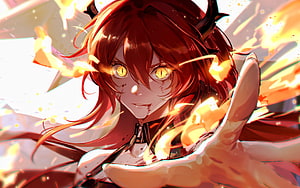 Surtr from Arknights Anime Character Portrait With Fiery Yellow Eyes HD wallpaper