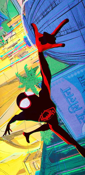 Miles Morales Swinging Through a Vibrant City in Spider-Verse Style HD phone wallpaper