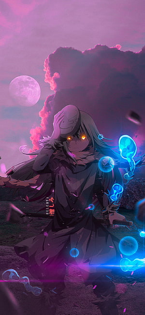 Rimuru Tempest Anime Character with Glowing Eyes and Blue Energy Orbs Under a Pink Moonlit Sky HD phone wallpaper